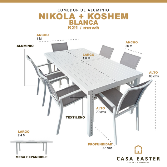 Comedor Nikola blanca + 6 sillas koshem blancas