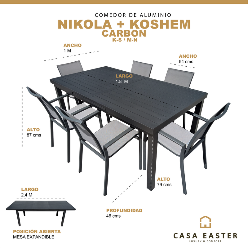 Cargue la imagen en el visor de la galería, Comedor de Aluminio Nikola Carbon + 6 sillas  sillas Koshem Carbon
