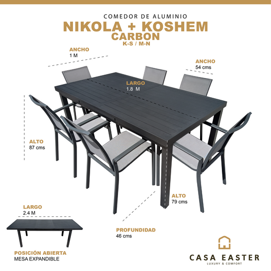 Comedor de Aluminio Nikola Carbon + 6 sillas  sillas Koshem Carbon