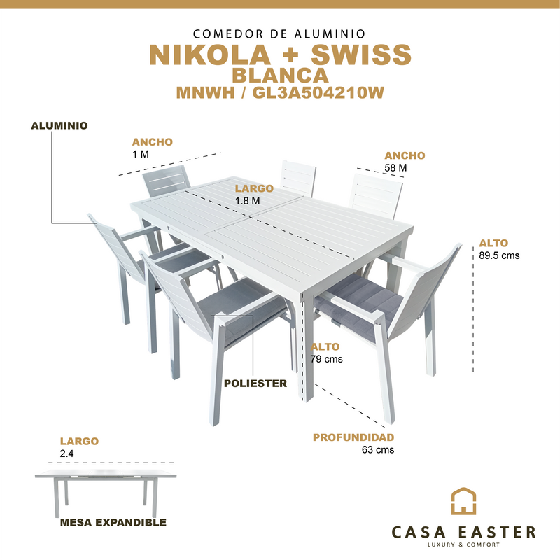 Cargue la imagen en el visor de la galería, Comedor de Aluminio expandible  Nikola blanco 1.8 M / 2.4 M+ 6 sillas Swiss blancas
