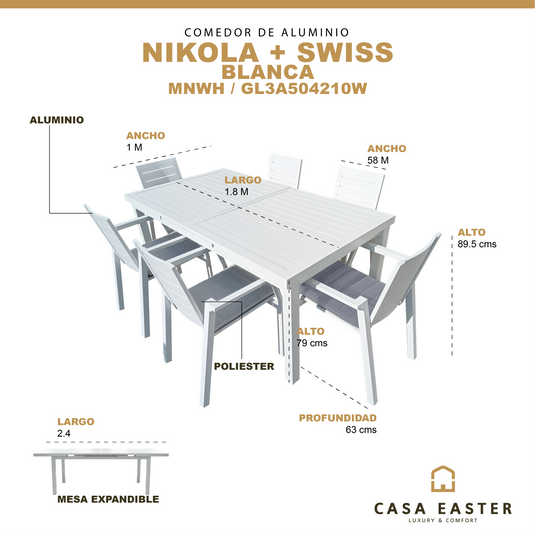 Comedor de Aluminio expandible  Nikola blanco 1.8 M / 2.4 M+ 6 sillas Swiss blancas