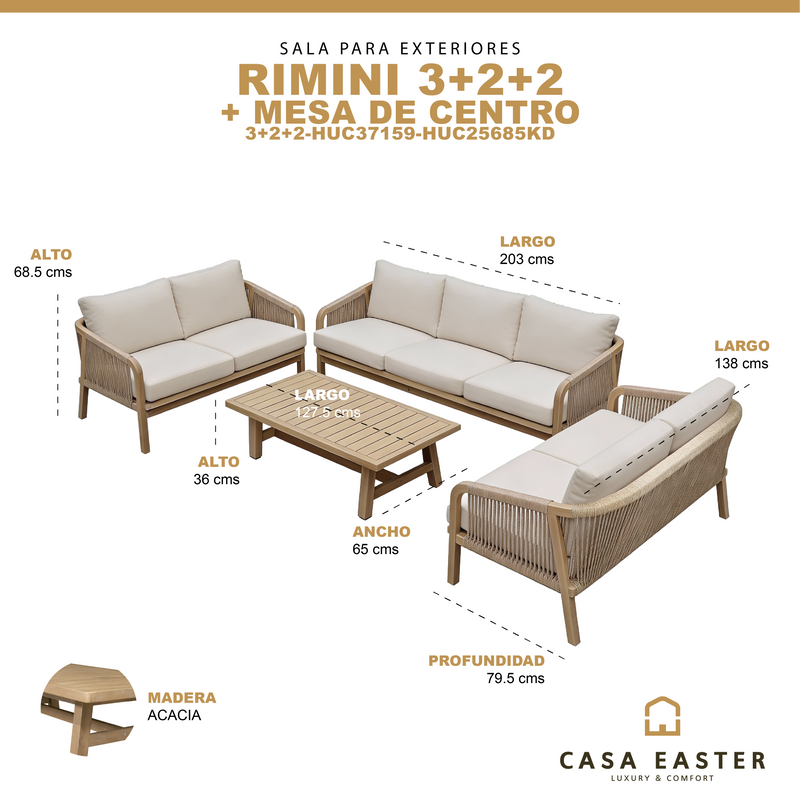 Cargue la imagen en el visor de la galería, Set Rimini 3+2+2 con mesa de centro color natural - 3+2+2-HUC37159-HUC25685KD
