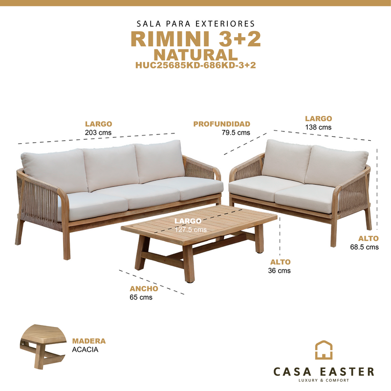 Cargue la imagen en el visor de la galería, Set Rimini 3+2 con mesa de centro Rimini color natural - HUC25685KD-686KD-3+2
