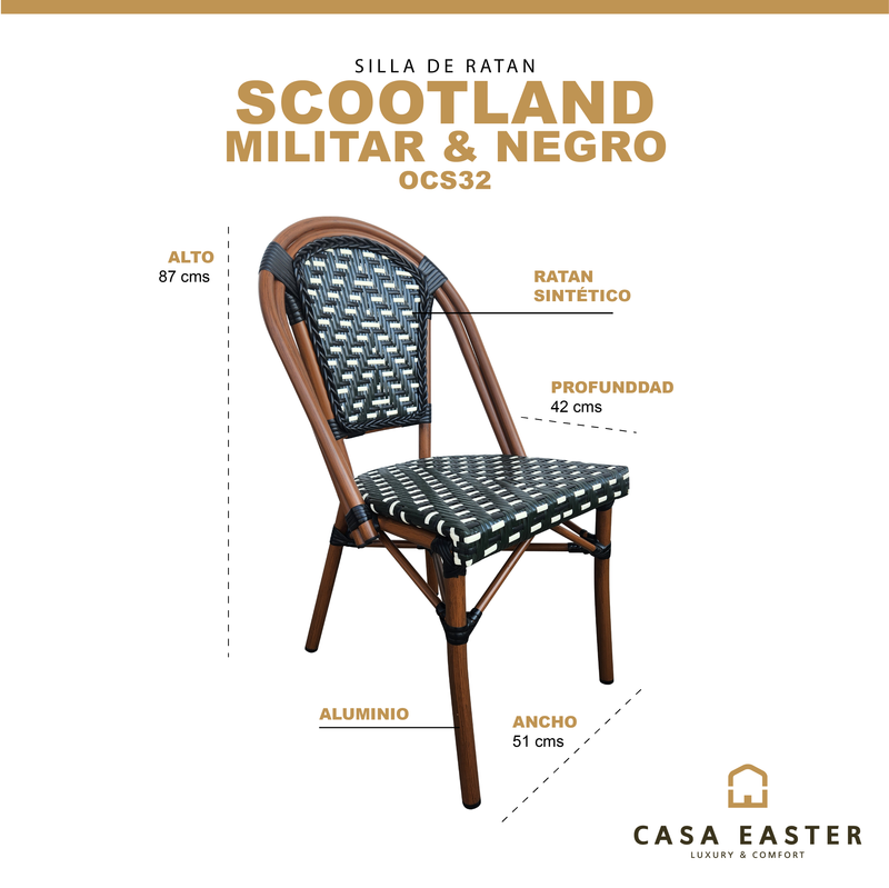 Cargue la imagen en el visor de la galería, Silla de Rattan para exterior e interior Color Verde militar&amp;negro SCOOTLAND 32 -OCS32
