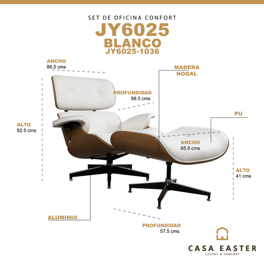 Set silla individual de oficina con taburete JY6025 1036 color blanco-café - JY6025-1036
