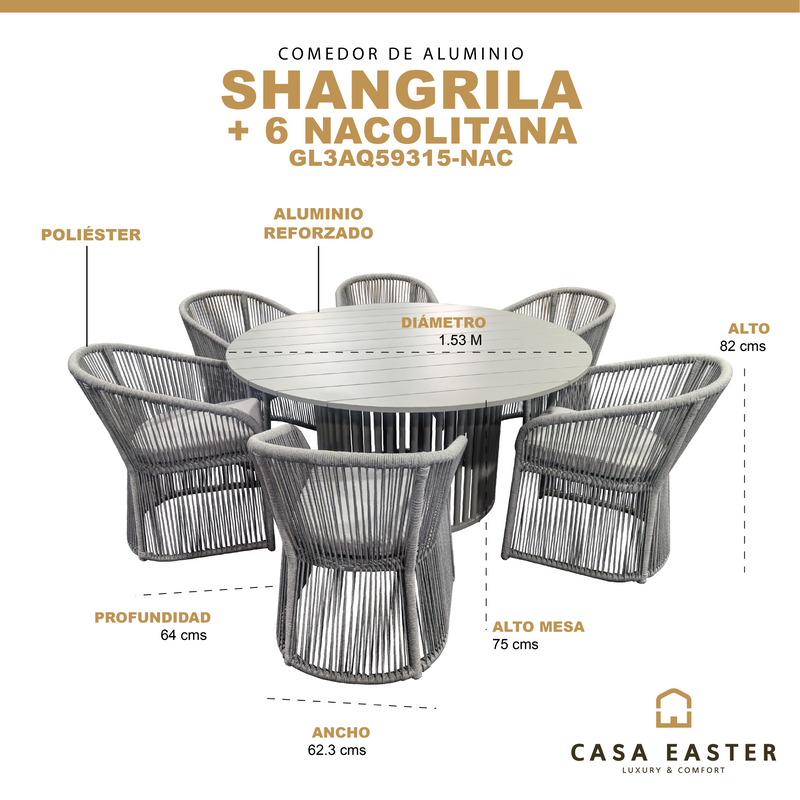 Cargue la imagen en el visor de la galería, Comedor redondo Shangrila 1.53M de aluminio + 6 silas Nacolitana color gris - GL3AQ59315-NAC
