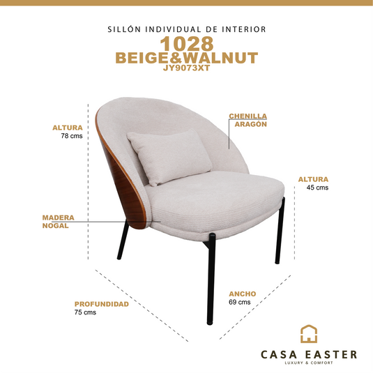 Sillón individual de interior JY9073XT - 1028 color beige&walnut - JY9073XT / 1028