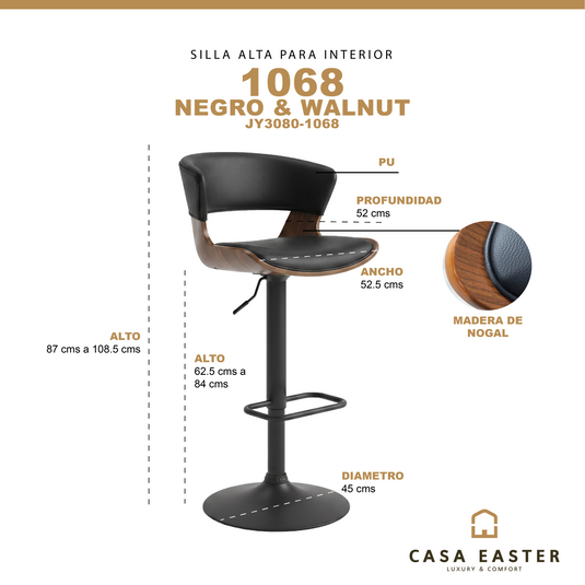 Silla Alta para Interior 1068 color Negro & Walnut con PU -  JY3080-1068