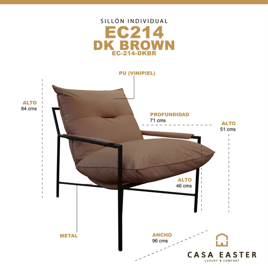 Sillón individual EC214 de Interior con PU color café obscuro - EC-214-DKBR