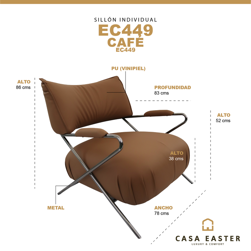 Cargue la imagen en el visor de la galería, Sillón individual EC449 de Interior con PU color café - EC449
