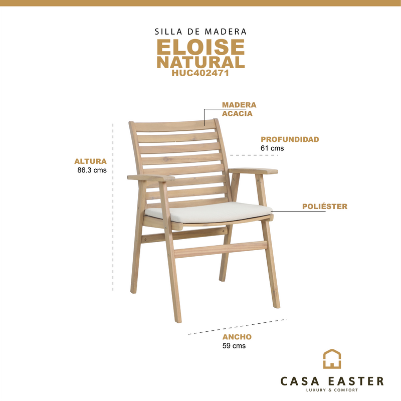 Cargue la imagen en el visor de la galería, Silla de Madera Eloise para interior y exterior, color Natural - HUC402471
