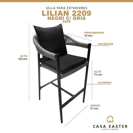 Silla  Alta para Exterior e Interior de Aluminio Color Carbon LILIAN-2209