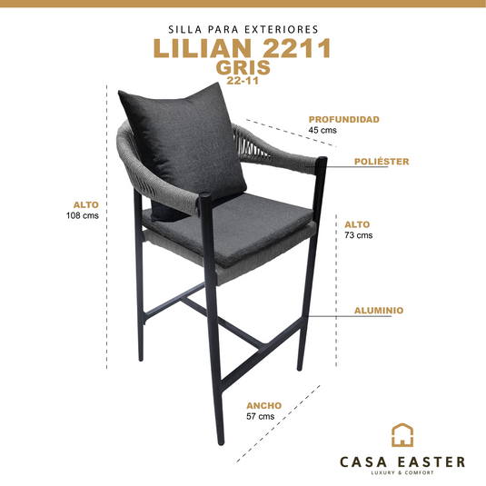 Silla  Alta  para Exterior e Interior de Aluminio Color Gris LILIAN-2211
