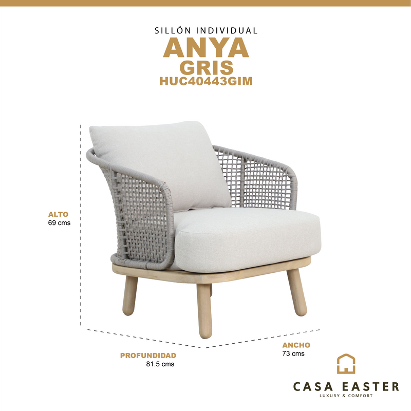 Cargue la imagen en el visor de la galería, Sillón Individual Anya de madera color natural &amp; gris - HUC40443GIM
