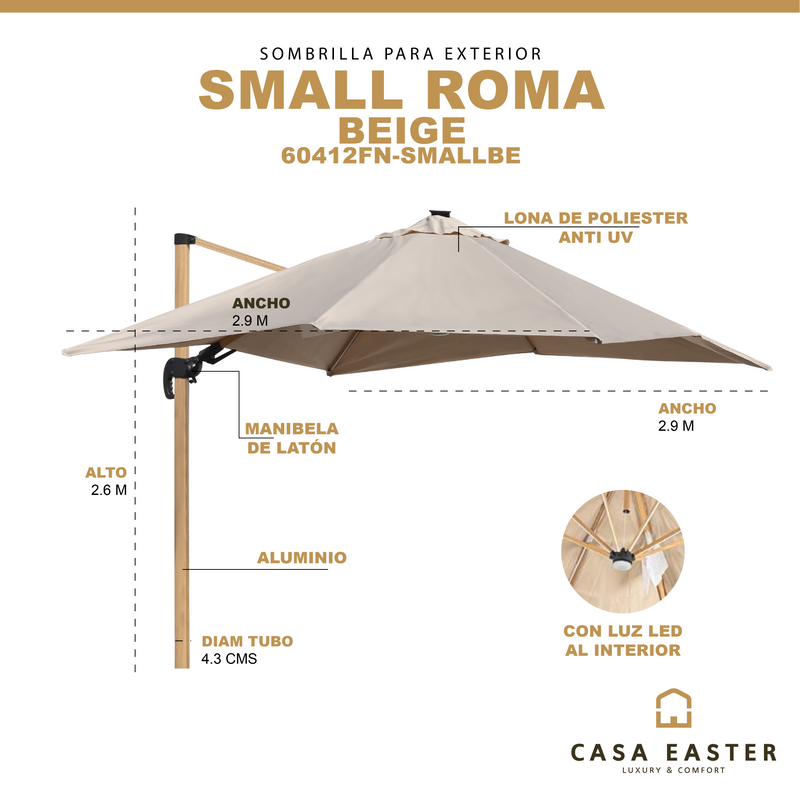 Cargue la imagen en el visor de la galería, Sombrilla Small Roma Brazo de luz LED Lateral Para Jardin Color Beige - 60412FN-SMALLBE
