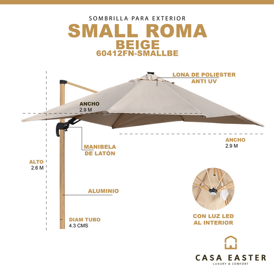 Sombrilla Small Roma Brazo de luz LED Lateral Para Jardin Color Beige - 60412FN-SMALLBE