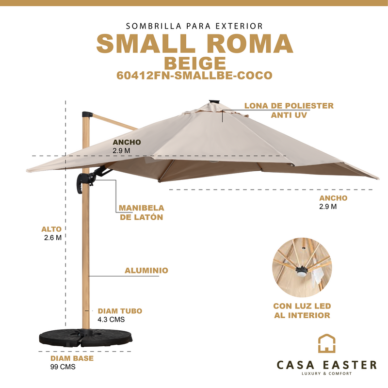 Cargue la imagen en el visor de la galería, Sombrilla Small Roma Brazo de luz LED Lateral + base COCO Para Jardin Color Beige - 60412FN-SMALLBE-COCO
