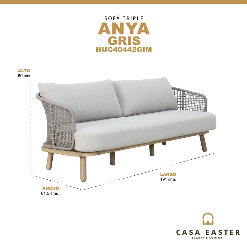 Cargue la imagen en el visor de la galería, Sofá Triple Anya de madera color natural &amp; gris - HUC40442GIM
