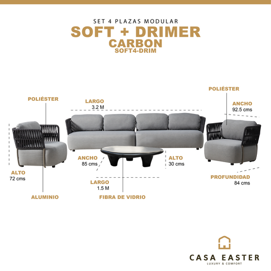 Set modular de 4 plazas SOFT gris + mesa centro Drimer carbón - SOFT4-DRIM