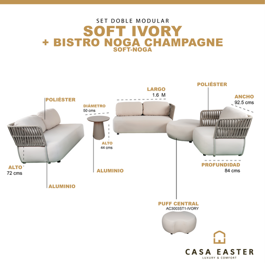 Set modular Soft Confort Ivory con un puff central(AC3003ST1-IVORY) + mesa bistro noga champagne - SOFT-NOGA
