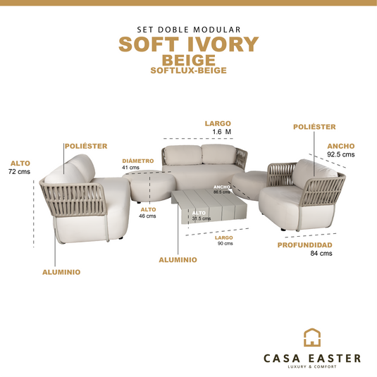 Set modular con puff SOFT Luxury ,7 Piezas color beige - SOFTLUX-BEIGE