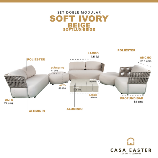 Set modular con puff SOFT Luxury ,7 Piezas color beige - SOFTLUX-BEIGE