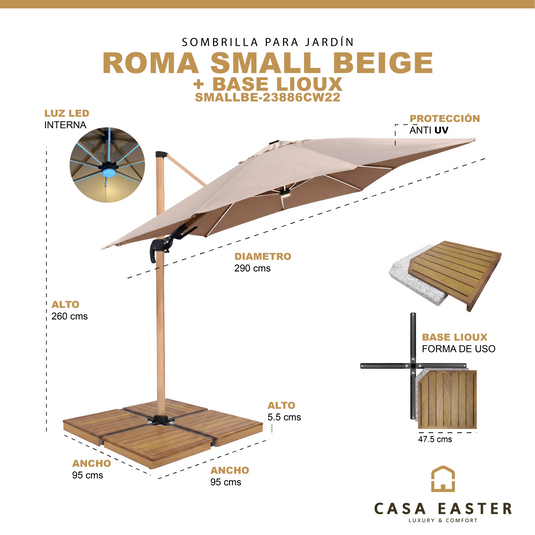 Sombrilla SMALL ROMA LED Brazo Lateral Para Jardín Color Beige + base LIOUX - SMALLBE-23886CW22