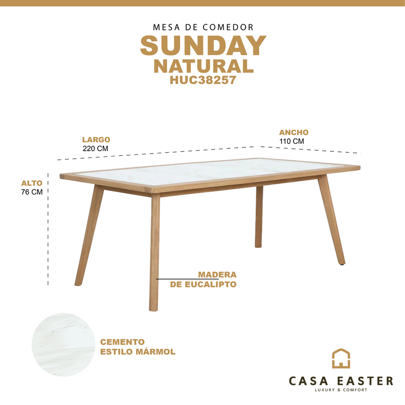 Cargue la imagen en el visor de la galería, Mesa de comedor 2.2M Sunday con cubierta estilo mármol color natural  - HUC38257
