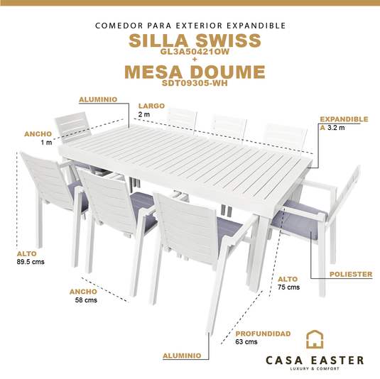 Comedor de Aluminio color Blanco Doume 2 M / 3.2 M + 8 silla Swiss blanca