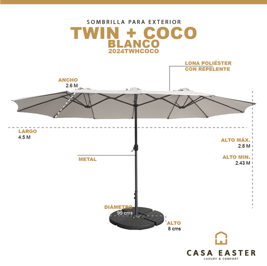 Sombrilla Twin Para Jardin de triple sombrilla Color Blanco + Base COCO - 2024TWHCOCO