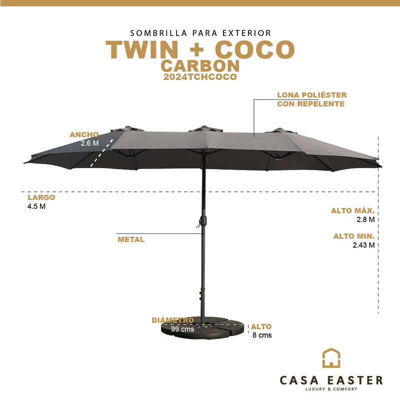 Cargue la imagen en el visor de la galería, Sombrilla Twin Para Jardin de triple sombrilla Color Carbon + base COCO - 2024TCHCOCO
