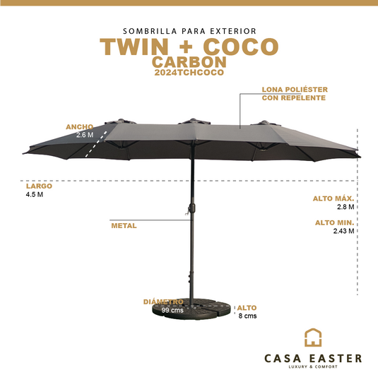 Sombrilla Twin Para Jardin de triple sombrilla Color Carbon + base COCO - 2024TCHCOCO