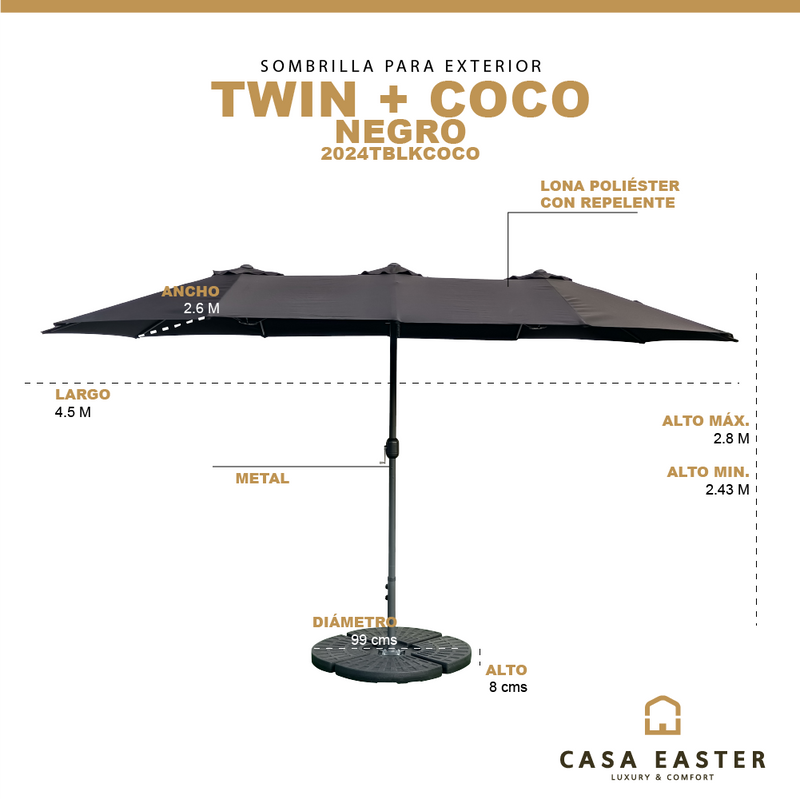 Cargue la imagen en el visor de la galería, Sombrilla Twin Para Jardin de triple sombrilla Color Negro + base COCO - 2024TBLKCOCO
