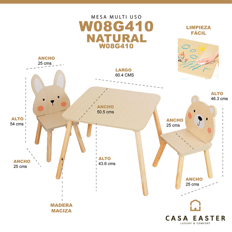 Cargue la imagen en el visor de la galería, Comedor infantil con dos sillas multiusos de madera - W08G410
