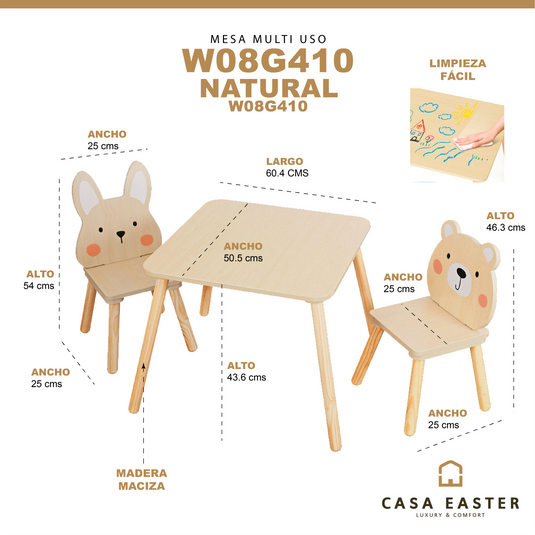 Comedor infantil con dos sillas multiusos de madera - W08G410