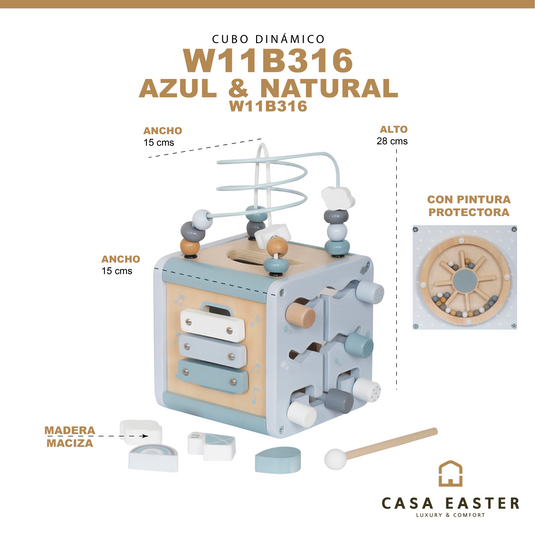 Cubo interactivo de madera color azul - W11B316