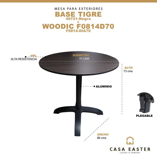 Mesa de comedor Woodic F0814 D70 + base TIgre black - WOOD-TIG F0814