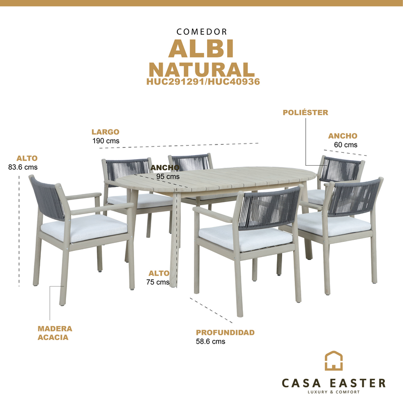 Cargue la imagen en el visor de la galería, Comedor de madera Albi 1.9M + 6 sillas albi color natural -  HUC291291/HUC40936
