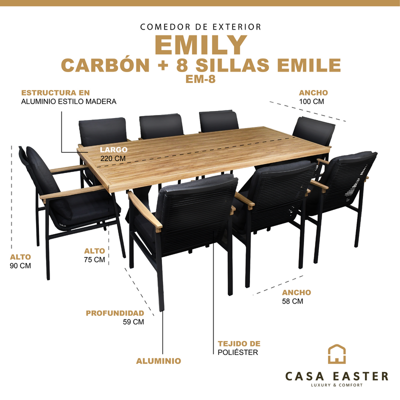 Load image into Gallery viewer, Comedor para Exterior  Emily + 8 sillas Emile Carbon - em-8
