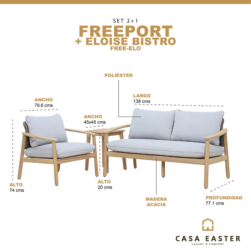 Cargue la imagen en el visor de la galería, Set Freeport 2+1 en madera color natural + mesa bistro Eloise 45x45 - FREE-ELO
