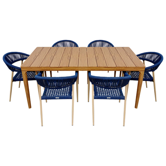 Comedor de Aluminio Wood Look + 6 sillas Mona color azul