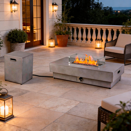 Set Fogata rectangular de exterior de gas LP color Gris Claro con tapa de gas LP y parabrisas - PDF200152A-360-109A
